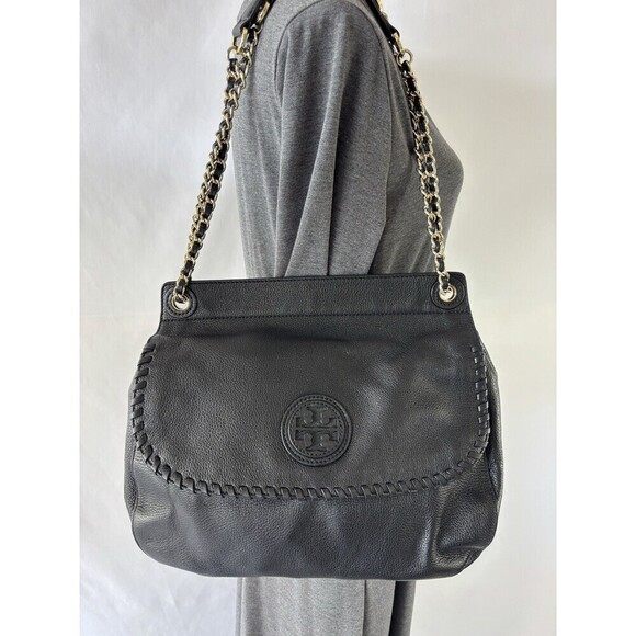 Tory Burch Marion Black Pebbled Leather 2-Way Whipstich Chain Strap Shoulder Bag - Picture 4 of 16